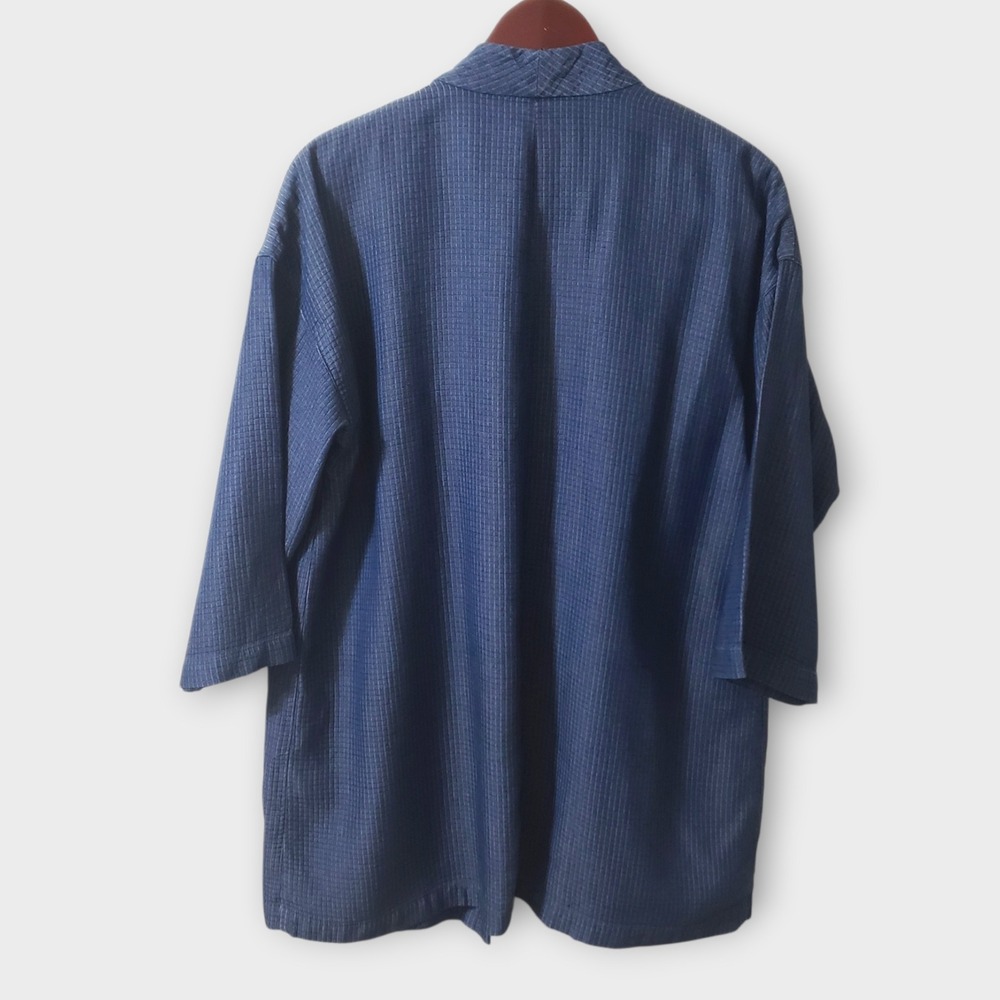 Eileen Fisher Grid Textured Tencel Open Front Kimono Jacket Blue Large Pockets - Picture 5 of 11